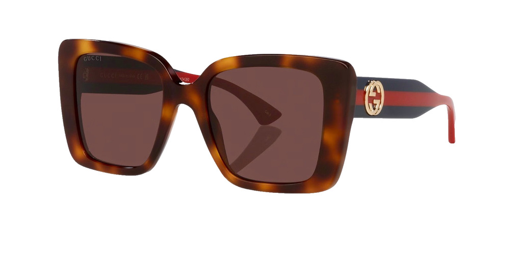 New GUCCI Sunglasses Brown Tortoise Shell Gold Metal GG Web Arms Square Womens